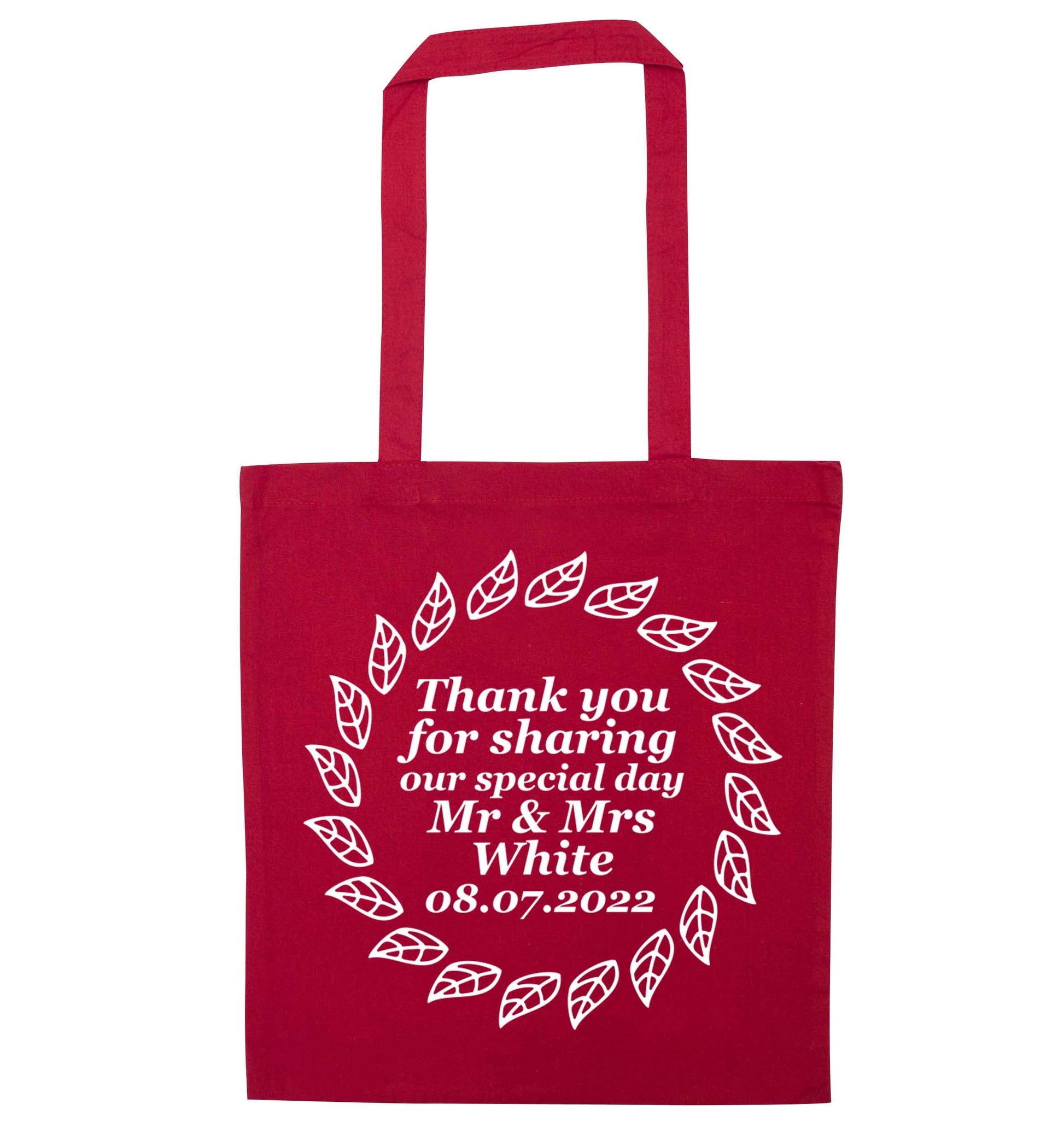 Personalised wedding thank you's Mr and Mrs wedding and date! Ideal wedding favours! red tote bag