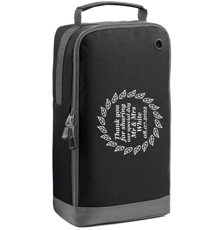 Personalised wedding thank you's Mr and Mrs wedding and date! Ideal wedding favours! black sports shoe bag horizontal print