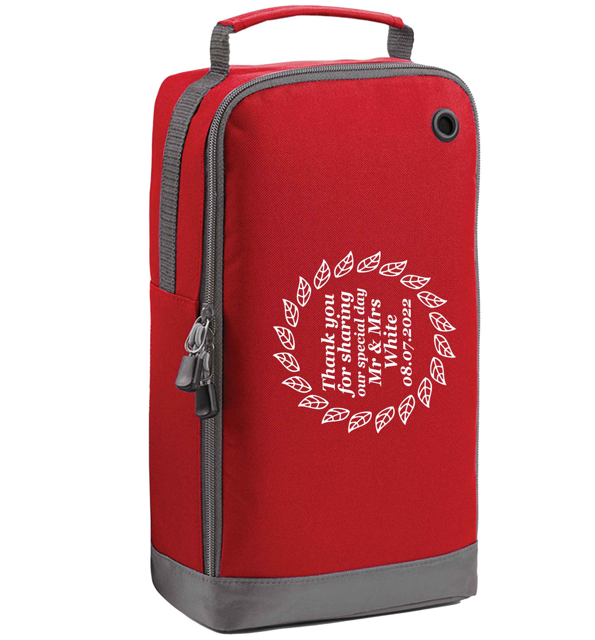 Personalised wedding thank you's Mr and Mrs wedding and date! Ideal wedding favours! red sports shoe bag horizontal print