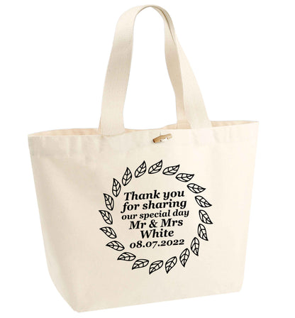 Personalised wedding thank you's Mr and Mrs wedding and date! Ideal wedding favours! organic cotton premium tote bag with wooden toggle in natural