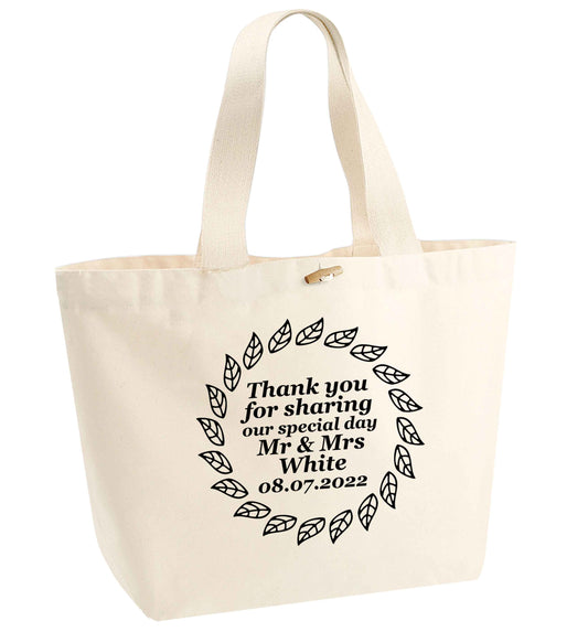 Personalised wedding thank you's Mr and Mrs wedding and date! Ideal wedding favours! organic cotton premium tote bag with wooden toggle in natural