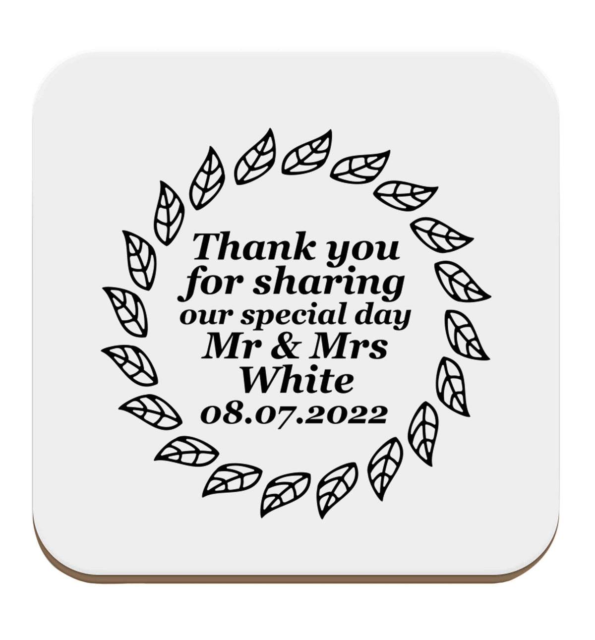 Personalised wedding thank you's Mr and Mrs wedding and date! Ideal wedding favours! set of four coasters