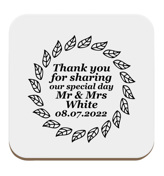 Personalised wedding thank you's Mr and Mrs wedding and date! Ideal wedding favours! set of four coasters