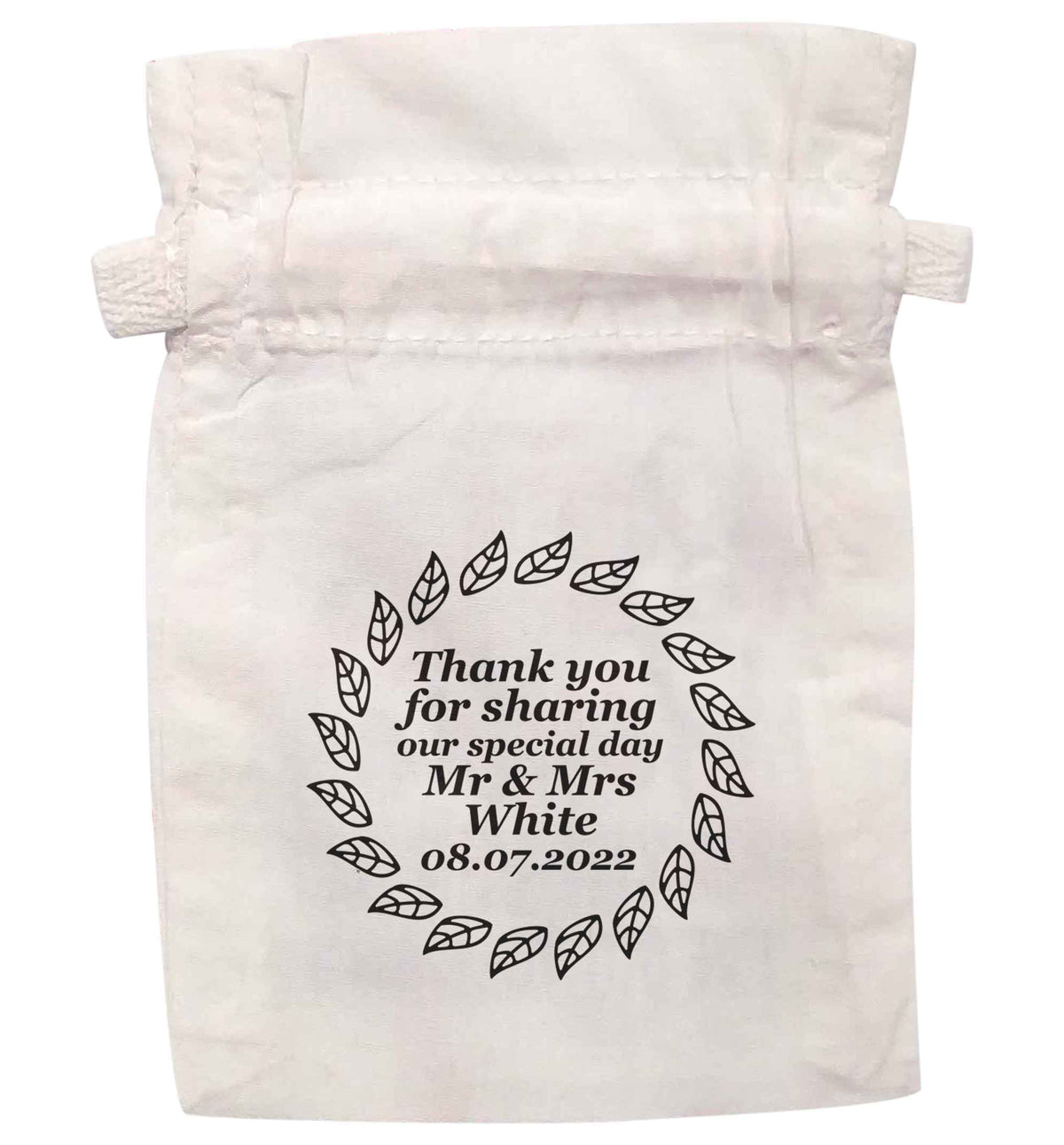 Thank you for sharing our special day Mr and Mrs leaf wreath | XS - L | Pouch / Drawstring bag / Sack | Organic Cotton | Bulk discounts available!