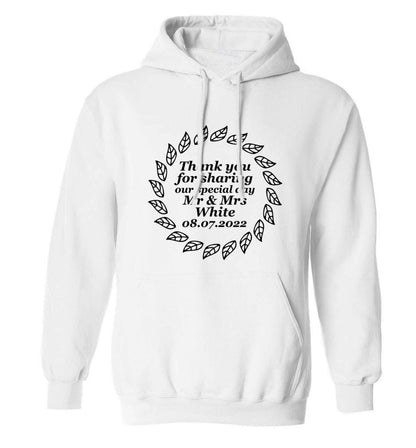 Personalised wedding thank you's Mr and Mrs wedding and date! Ideal wedding favours! adults unisex white hoodie 2XL