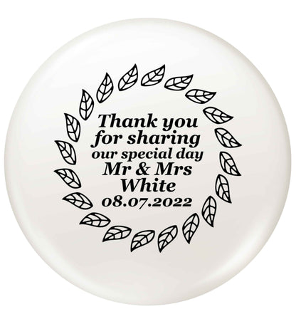 Personalised wedding thank you's Mr and Mrs wedding and date! Ideal wedding favours! small 25mm Pin badge