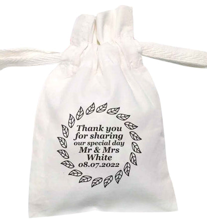Thank you for sharing our special day Mr and Mrs leaf wreath | XS - L | Pouch / Drawstring bag / Sack | Organic Cotton | Bulk discounts available!
