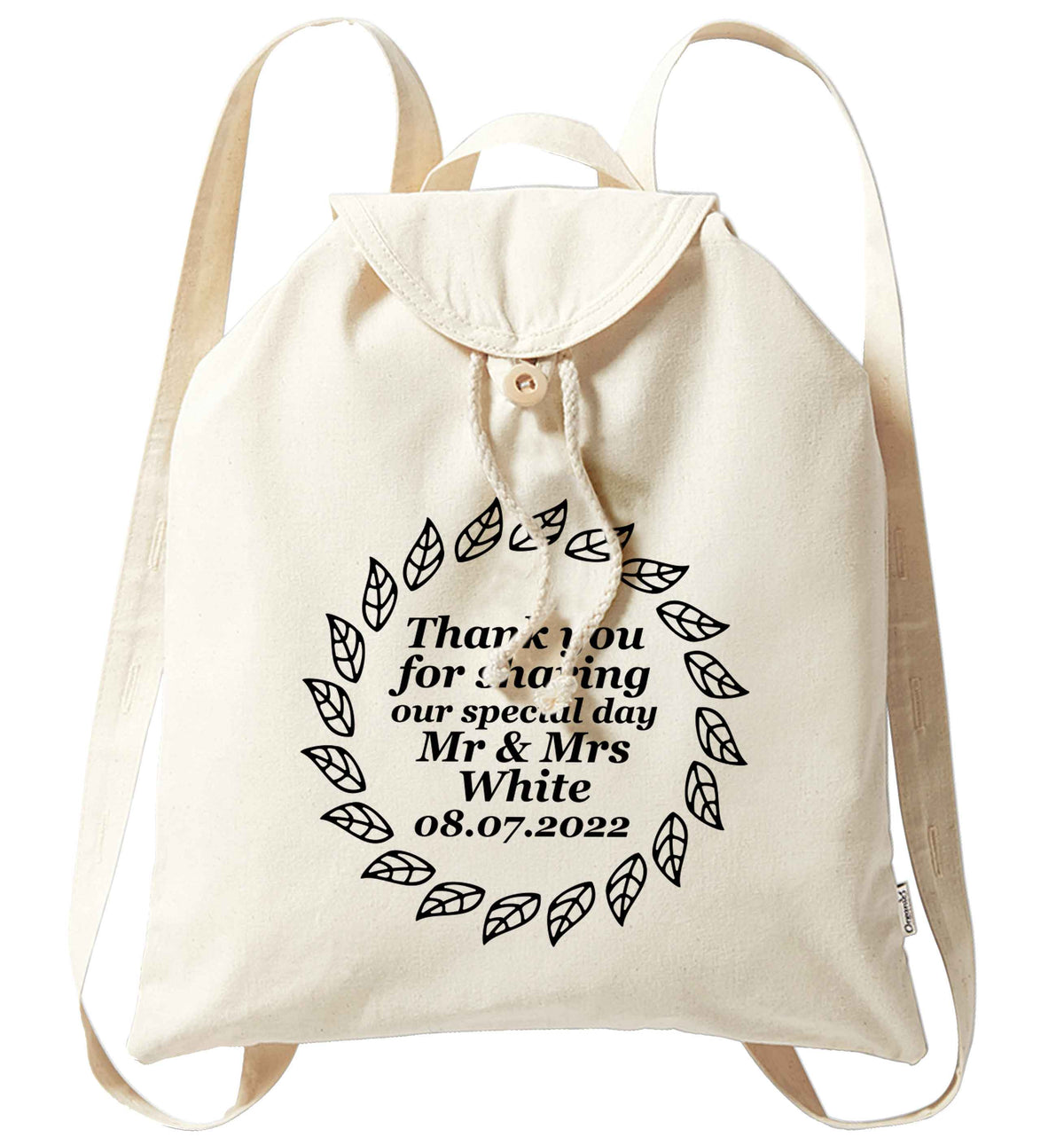 Personalised wedding thank you's Mr and Mrs wedding and date! Ideal wedding favours! organic cotton backpack tote with wooden buttons in natural