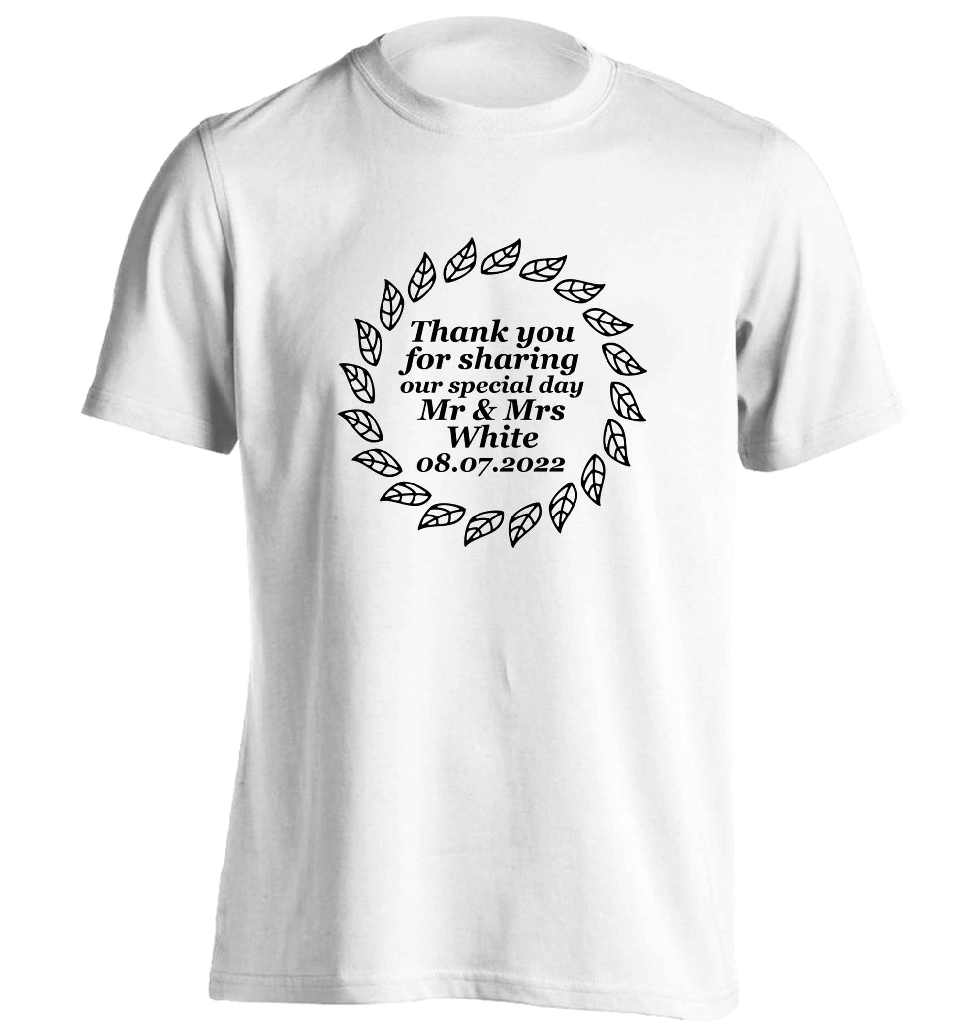 Personalised wedding thank you's Mr and Mrs wedding and date! Ideal wedding favours! adults unisex white Tshirt 2XL