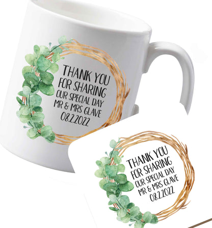 10 oz Ceramic mug and coaster Personalised wedding thank you's Mr and Mrs wedding and date! Ideal wedding favours!   both sides