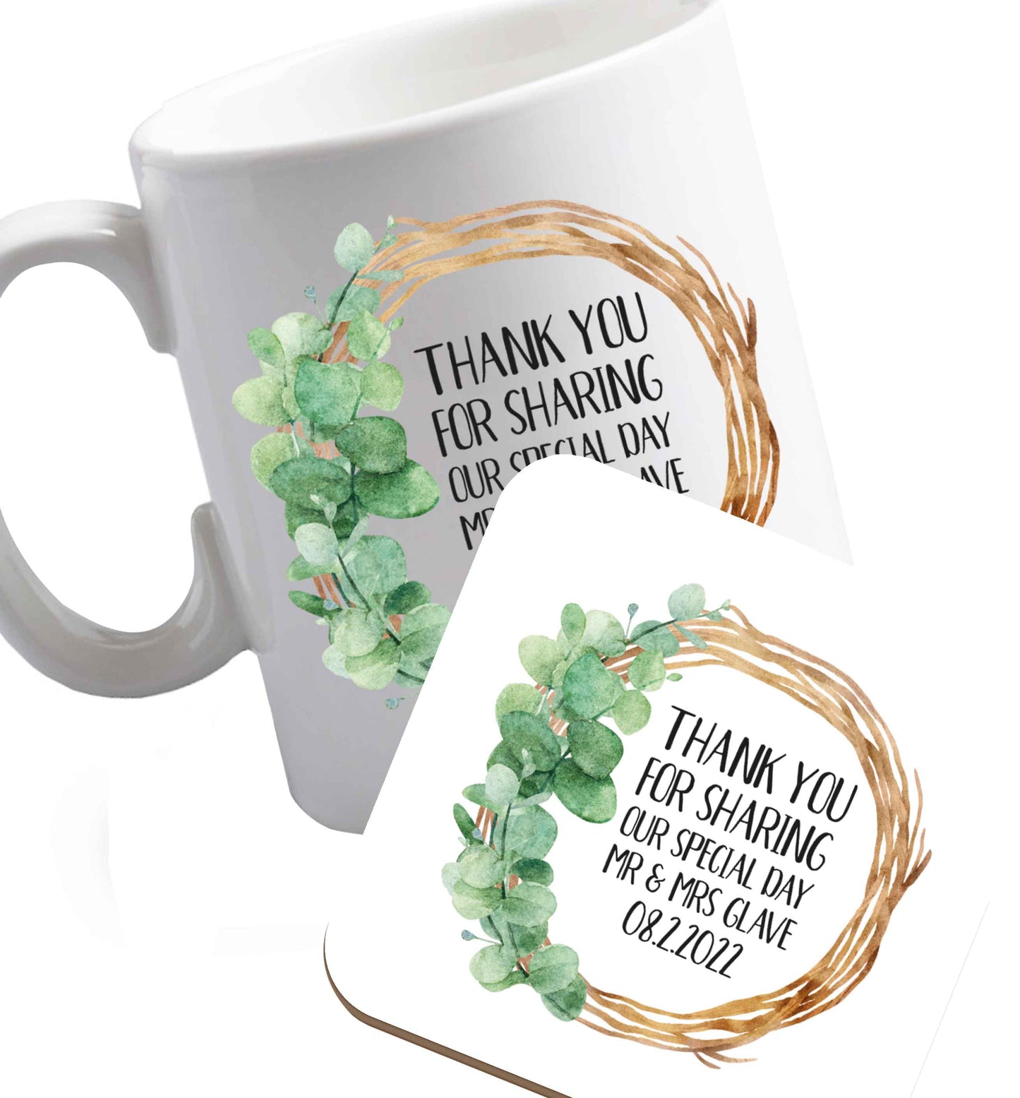 10 oz Personalised wedding thank you's Mr and Mrs wedding and date! Ideal wedding favours!   ceramic mug and coaster set right handed