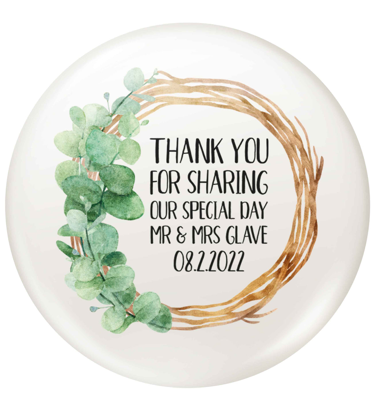 Personalised wedding thank you's Mr and Mrs wedding and date! Ideal wedding favours! small 25mm Pin badge