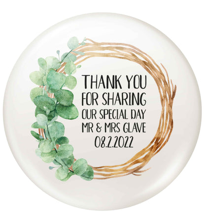 Personalised wedding thank you's Mr and Mrs wedding and date! Ideal wedding favours! small 25mm Pin badge