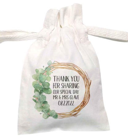 Personalised Wedding Thank You Leaf Wreath illustration  | XS - L | Pouch / Drawstring bag / Sack | Organic Cotton | Bulk discounts available!