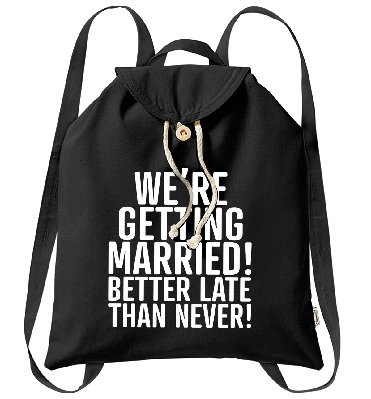Always the bridesmaid but never the bride? Until now! organic cotton backpack tote with wooden buttons in black