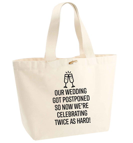 Postponed wedding? Sounds like an excuse to party twice as hard!  organic cotton premium tote bag with wooden toggle in natural