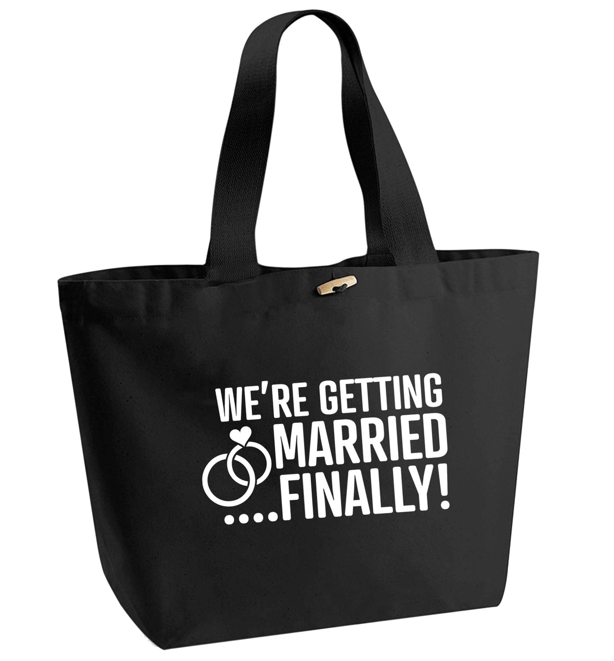 It's been a long wait but it's finally happening! Let everyone know you're celebrating your big day soon! organic cotton premium tote bag with wooden toggle in black