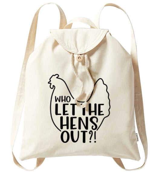 Who let the hens out organic cotton backpack tote with wooden buttons in natural