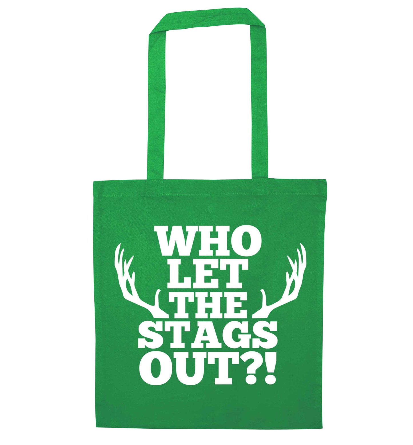 Who let the stags out green tote bag