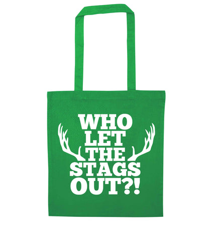 Who let the stags out green tote bag