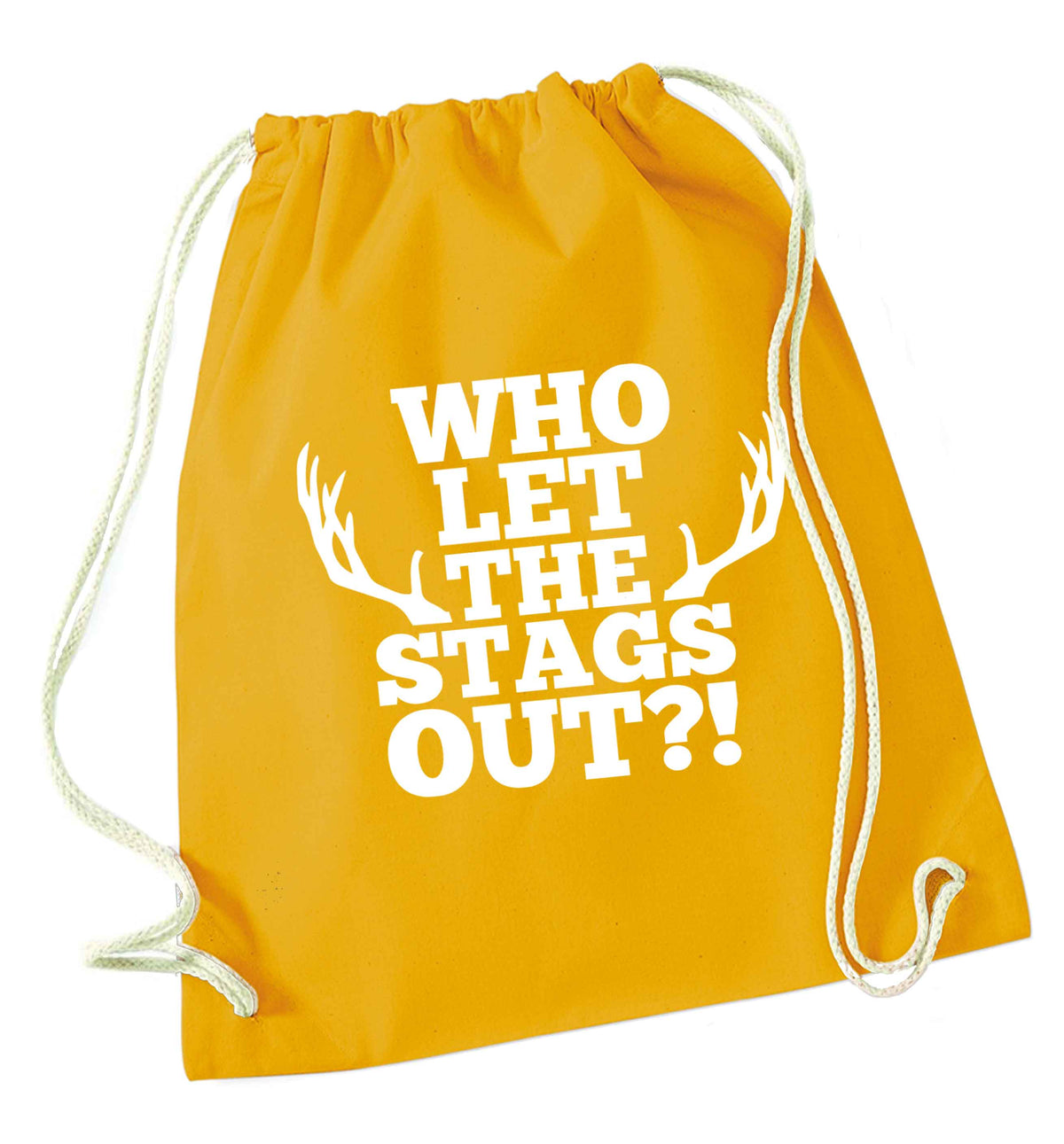 Who let the stags out mustard drawstring bag