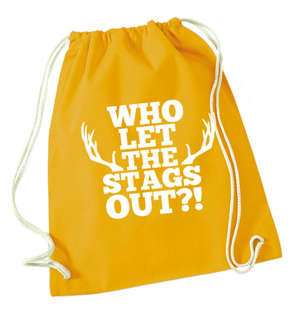Who let the stags out mustard drawstring bag
