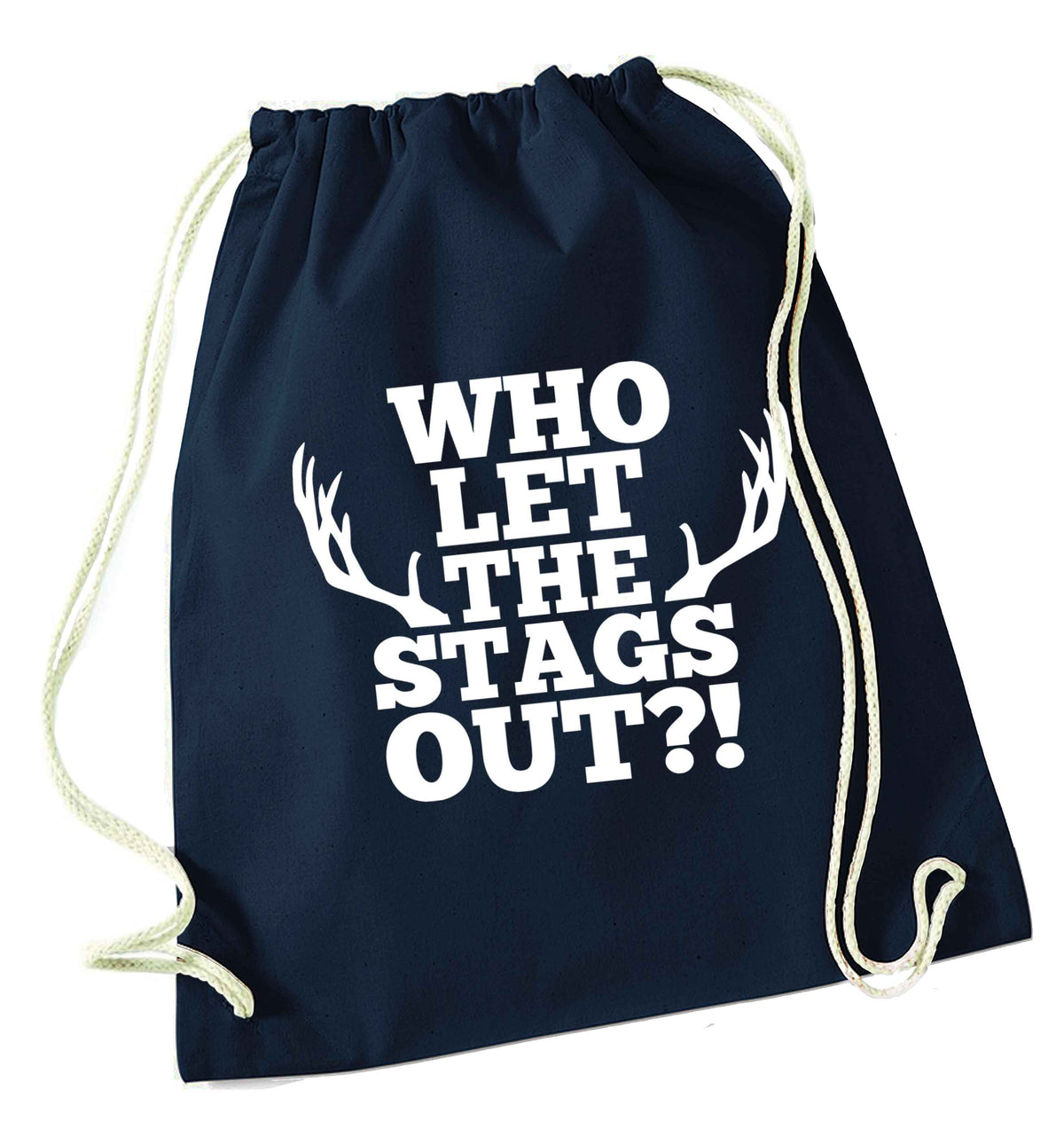 Who let the stags out navy drawstring bag