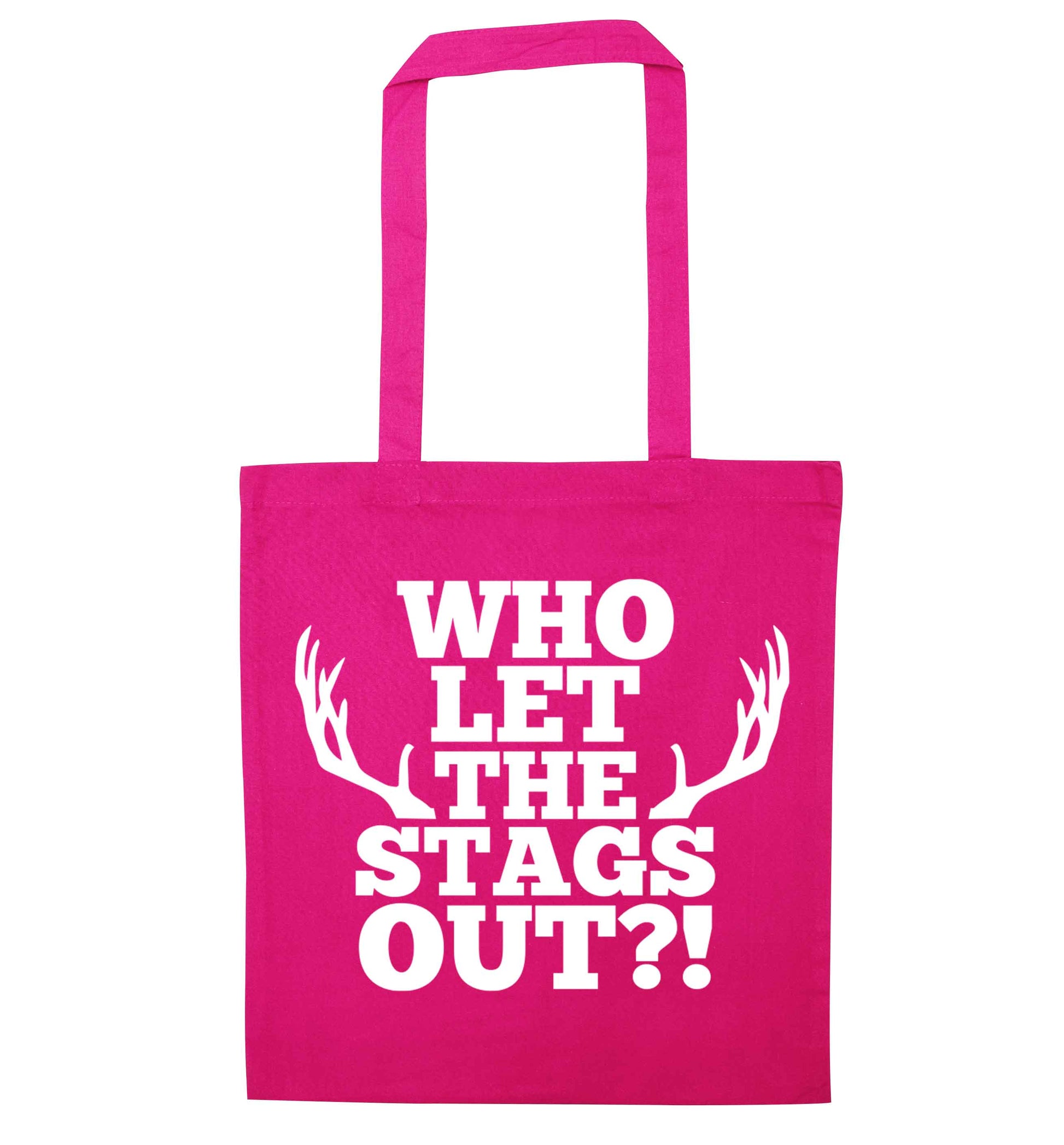Who let the stags out pink tote bag