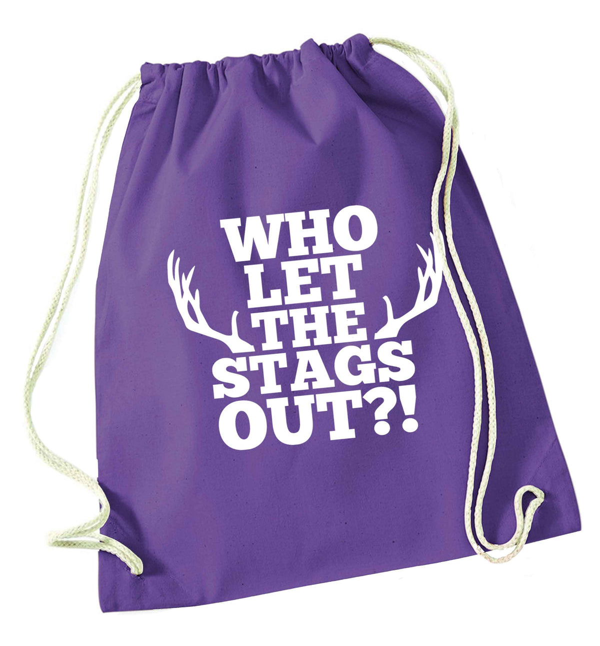 Who let the stags out purple drawstring bag