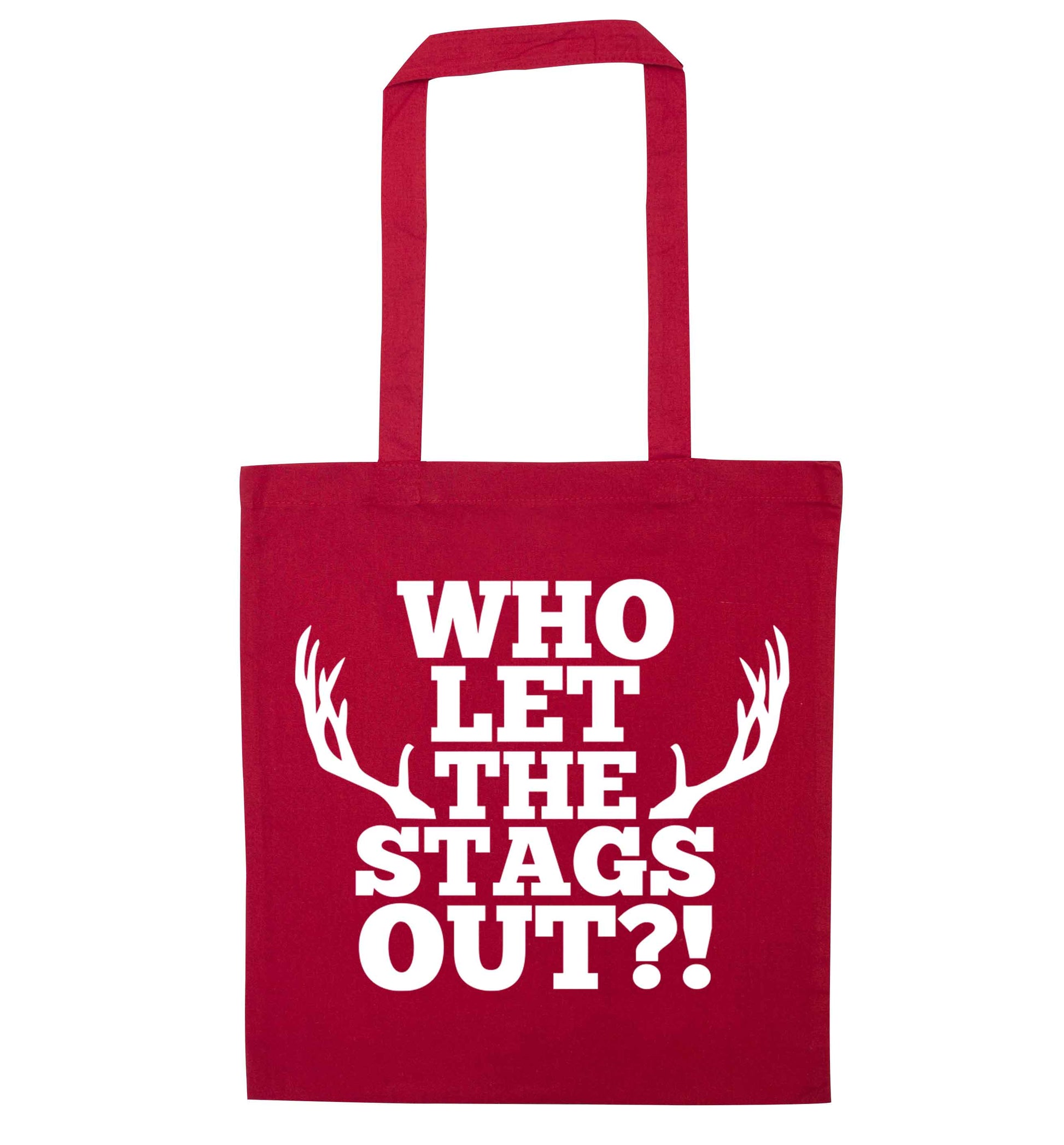 Who let the stags out red tote bag