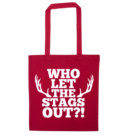 Who let the stags out red tote bag