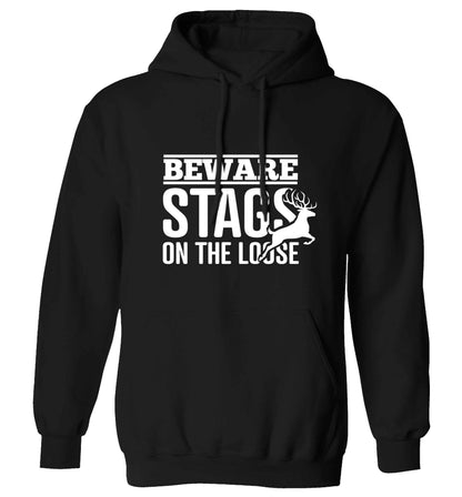 Beware stags on the loose adults unisex black hoodie 2XL
