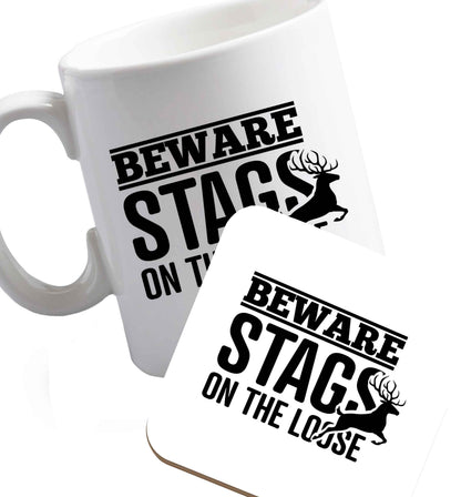 10 oz Beware stags on the loose   ceramic mug and coaster set right handed