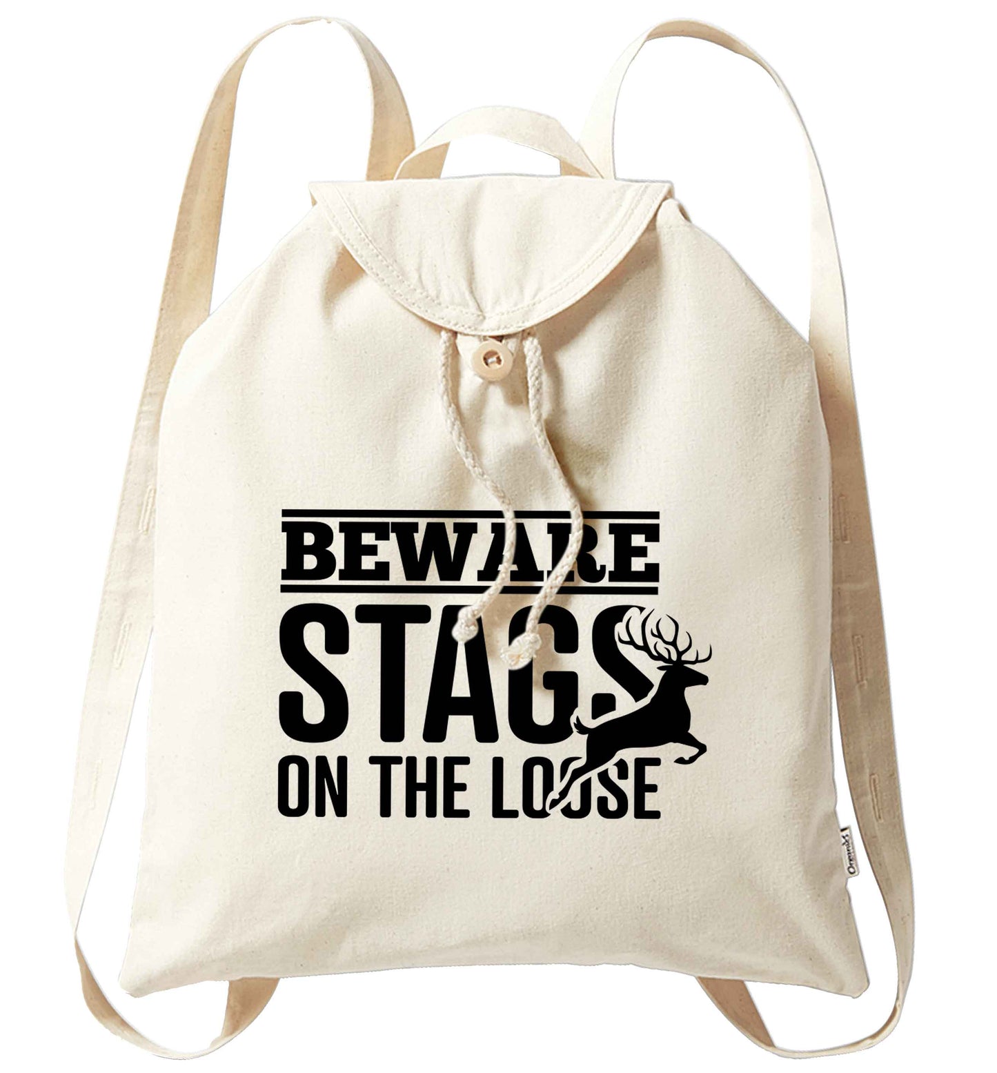 Beware stags on the loose organic cotton backpack tote with wooden buttons in natural