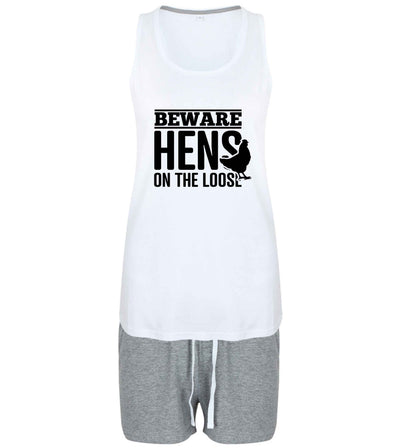 Beware hens on the loose size XL women's pyjama shorts set in pink 