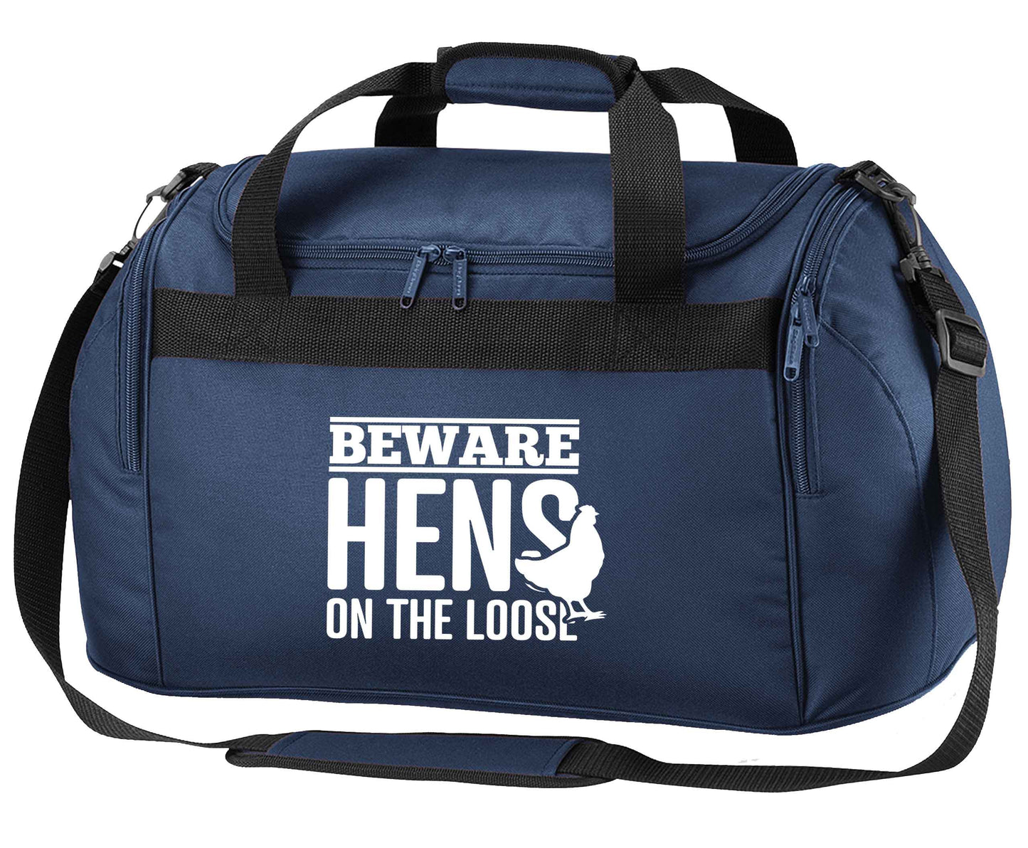 Beware hens on the loose navy holdall / duffel bag