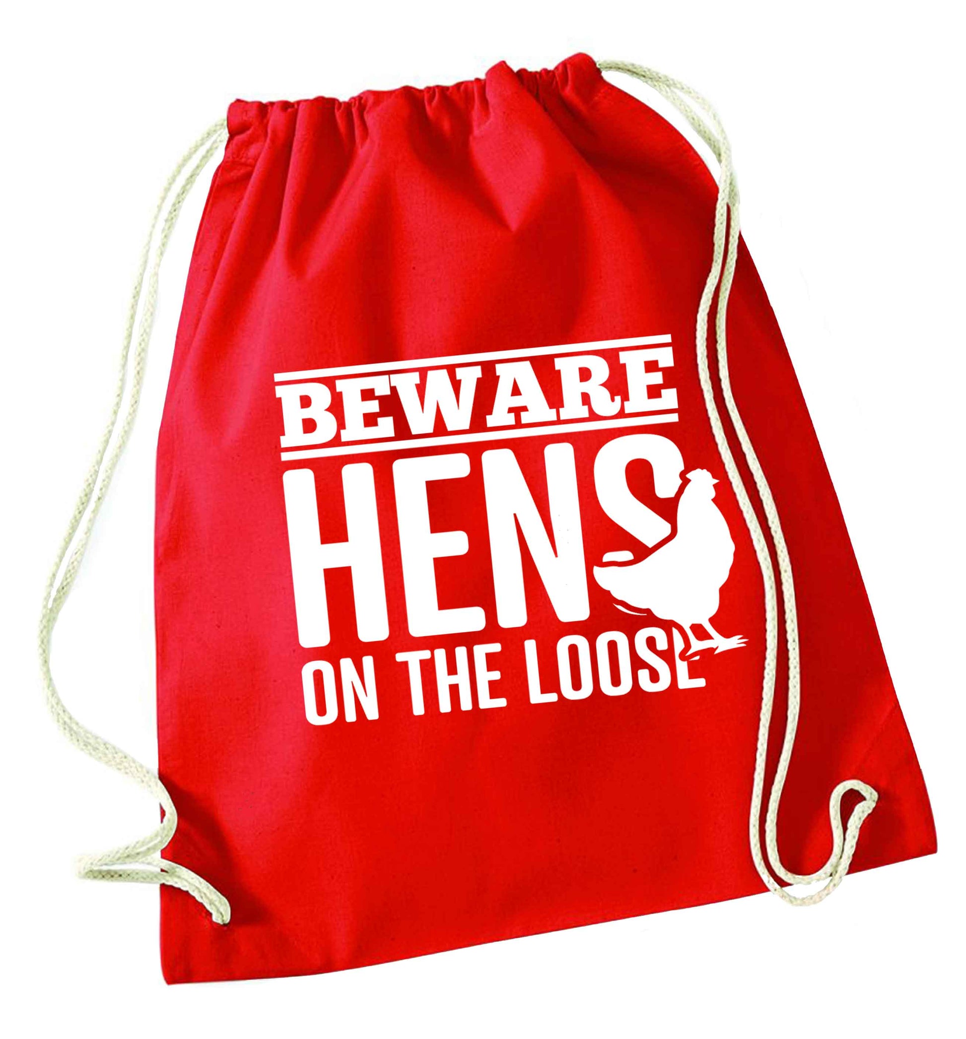 Beware hens on the loose red drawstring bag 