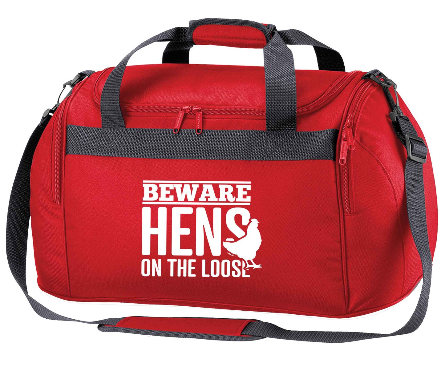 Beware hens on the loose red holdall / duffel bag