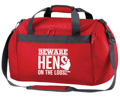 Beware hens on the loose red holdall / duffel bag