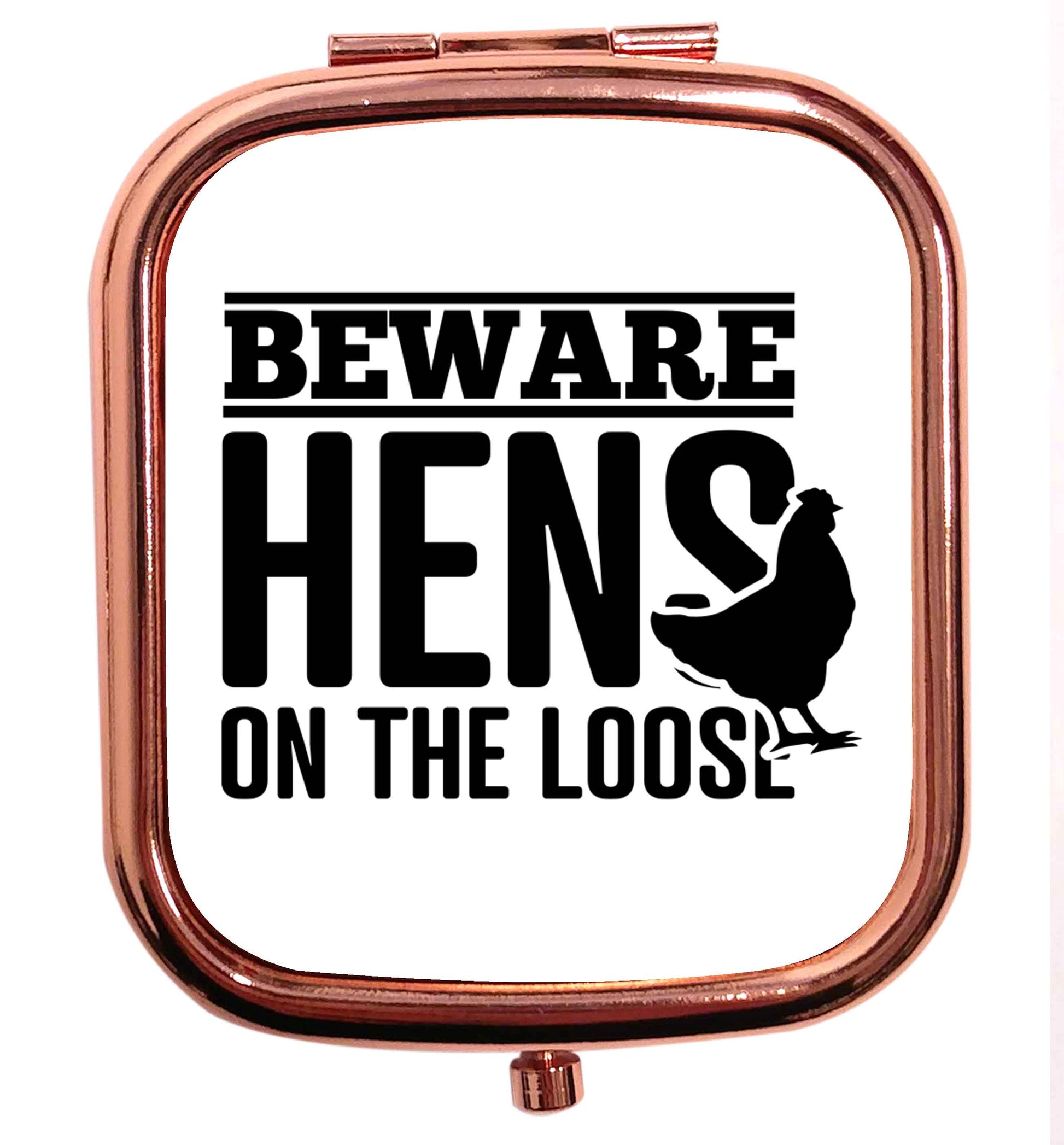 Beware hens on the loose rose gold square pocket mirror