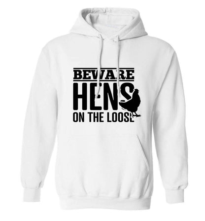 Beware hens on the loose adults unisex white hoodie 2XL