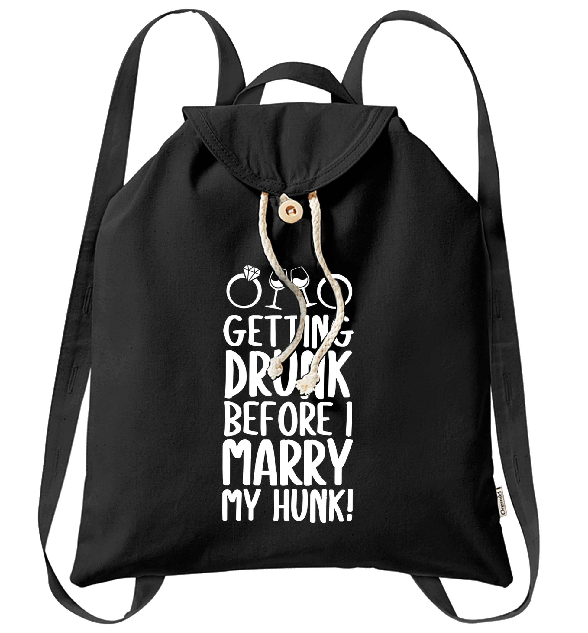 Getting drunk before I marry my hunk organic cotton backpack tote with wooden buttons in black