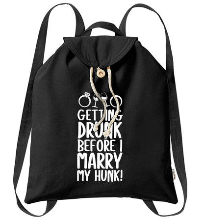 Getting drunk before I marry my hunk organic cotton backpack tote with wooden buttons in black