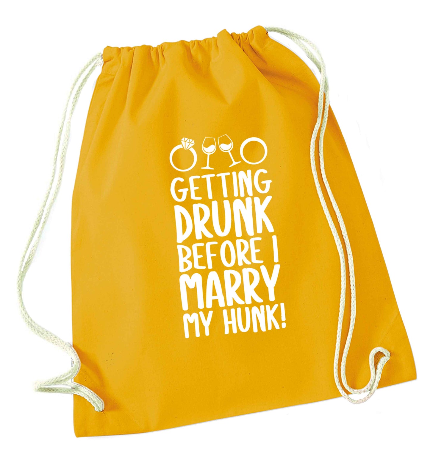 Getting drunk before I marry my hunk mustard drawstring bag