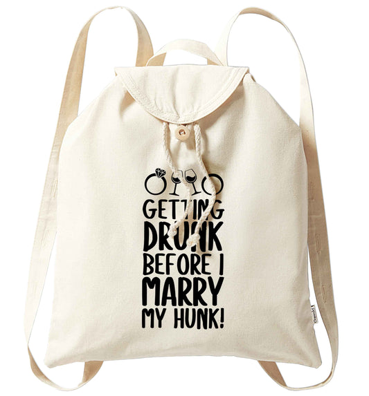 Getting drunk before I marry my hunk organic cotton backpack tote with wooden buttons in natural