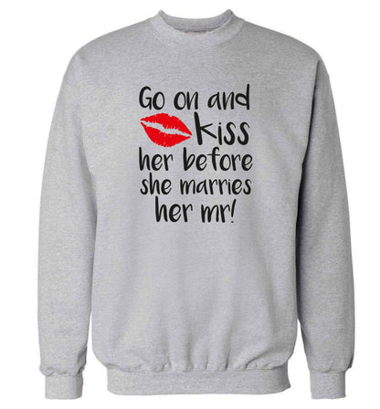 Kiss her before she marries her mr! adult's unisex grey sweater 2XL