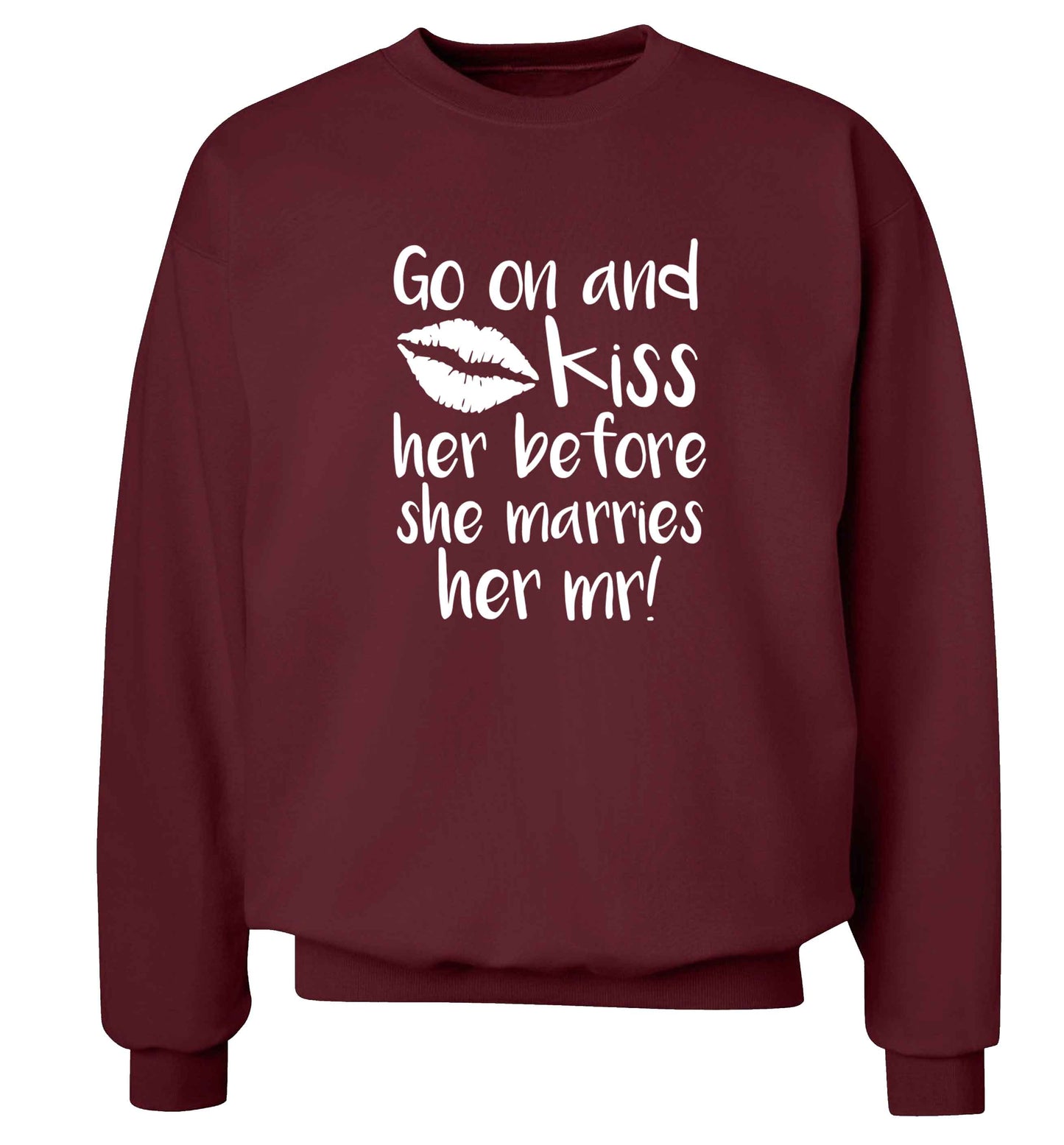 Kiss her before she marries her mr! adult's unisex maroon sweater 2XL