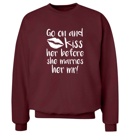 Kiss her before she marries her mr! adult's unisex maroon sweater 2XL