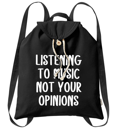 Listening to music not your opinions organic cotton backpack tote with wooden buttons in black