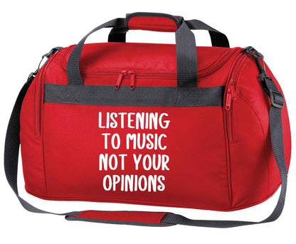 Listening to music not your opinions red holdall / duffel bag